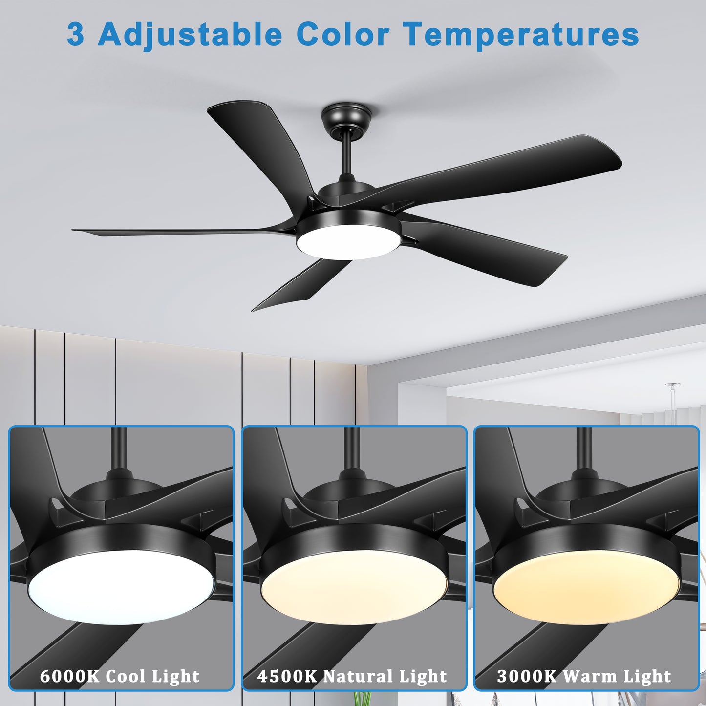 Ohniyou 60’’ Ceiling Fan with Lights and Remote - Black