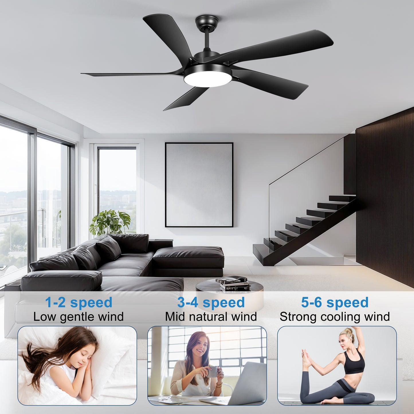 Ohniyou 60’’ Ceiling Fan with Lights and Remote - Black