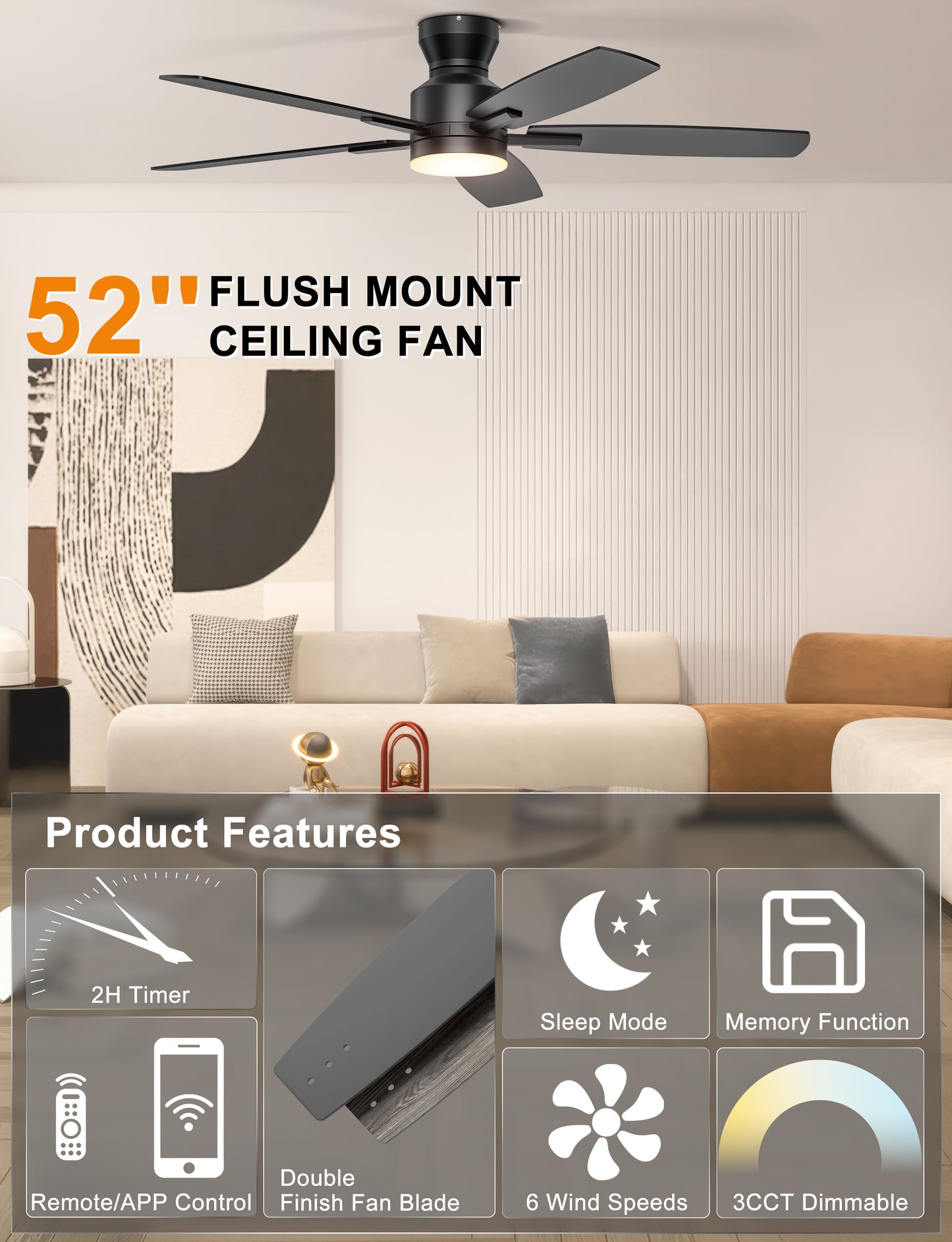 Ohniyou Ceiling Fans with Lights,52 Inch (Black)-100