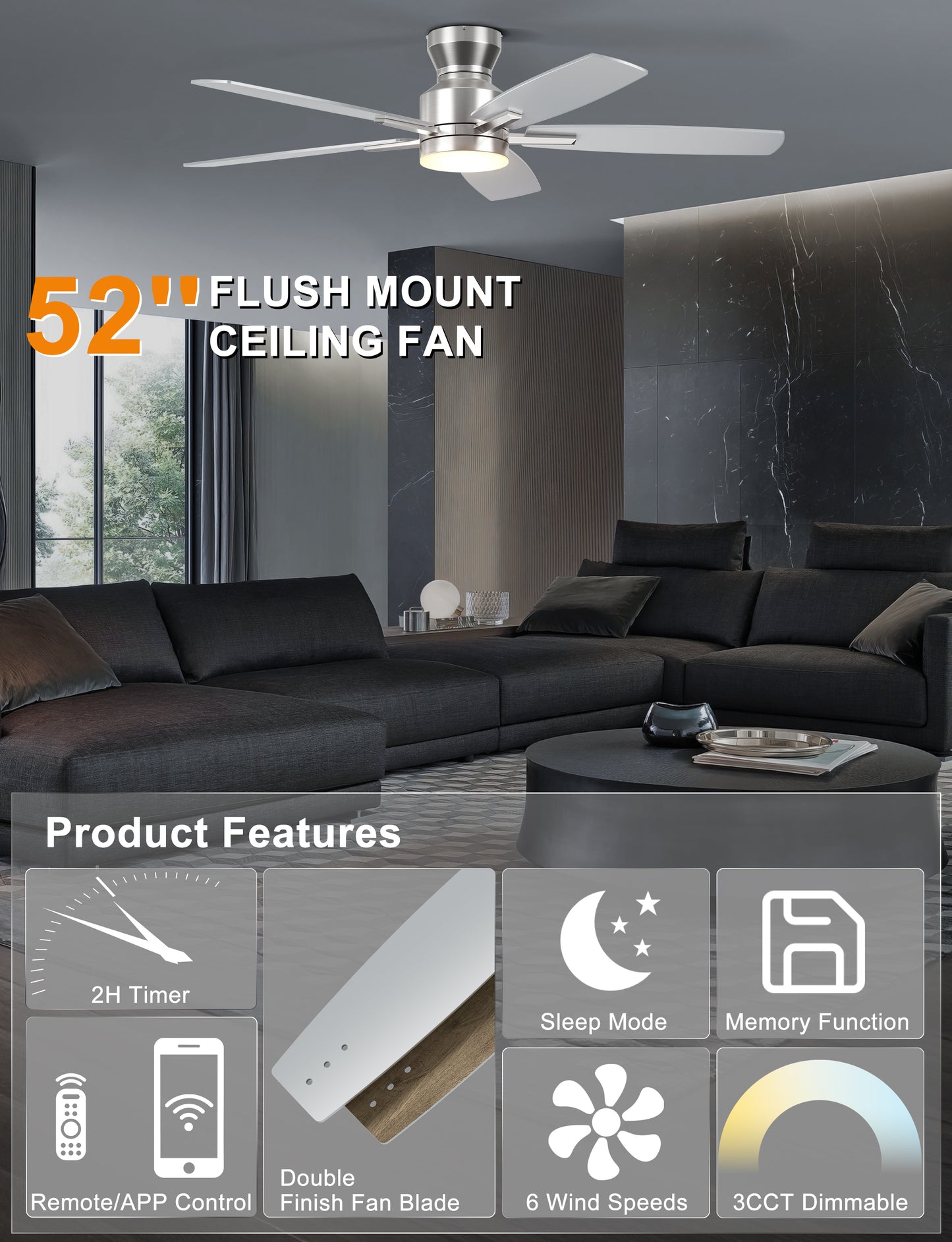 hniyou Ceiling Fans with Lights,52 Inch (Silver)-100