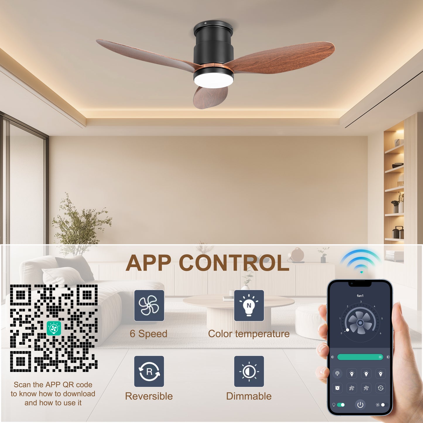 Ohniyou 42'' Flush Mount Ceiling Fans with Lights(Walnut Color)