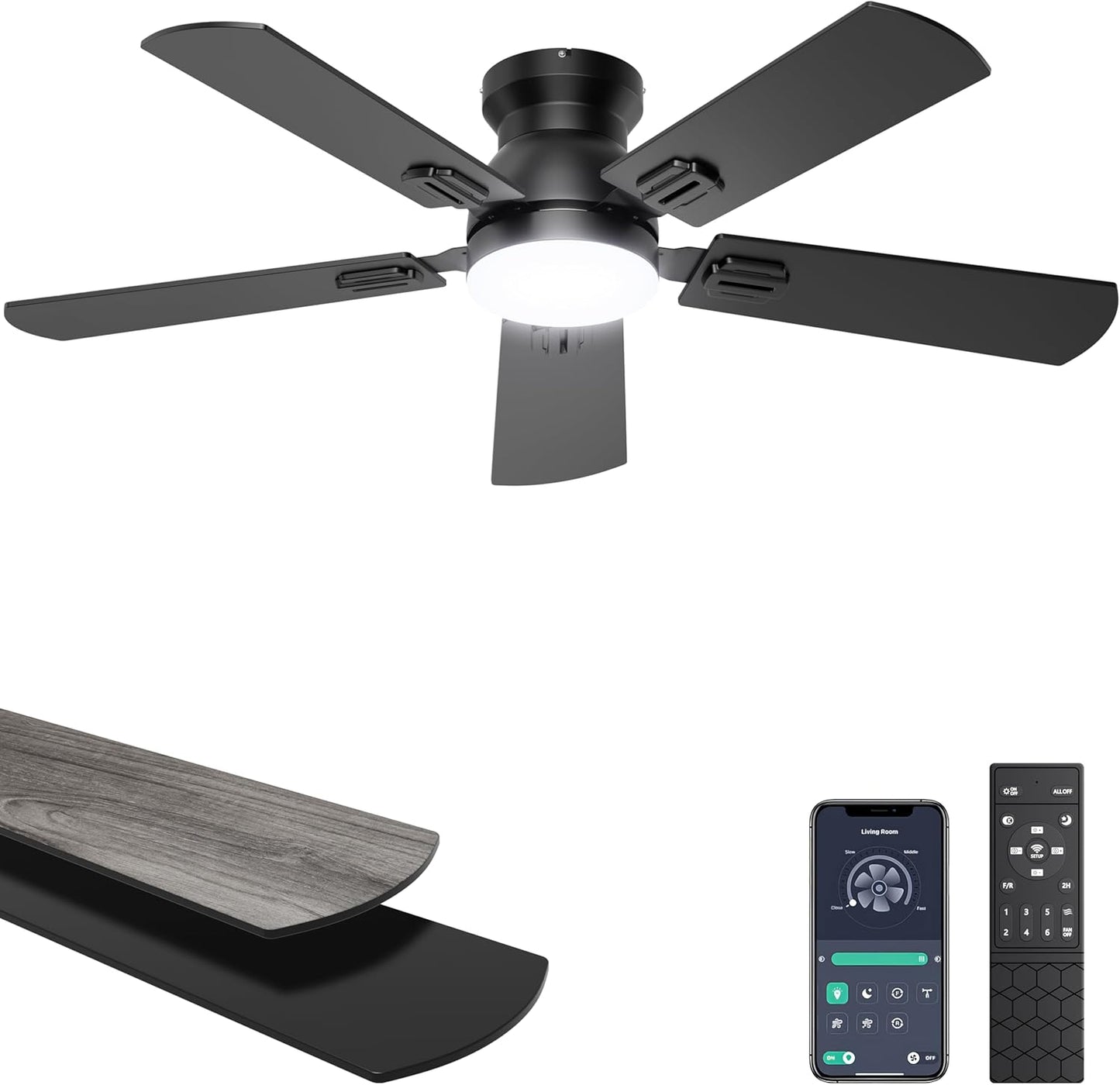 Ohniyou Ceiling Fans with Lights, 52 Inch Low Profile Ceiling Fan with Light and Remote/APP Control, Flush Mount, Dimmable, Qiuet DC Motor, Black Ceiling Fan for Bedroom, Living Room