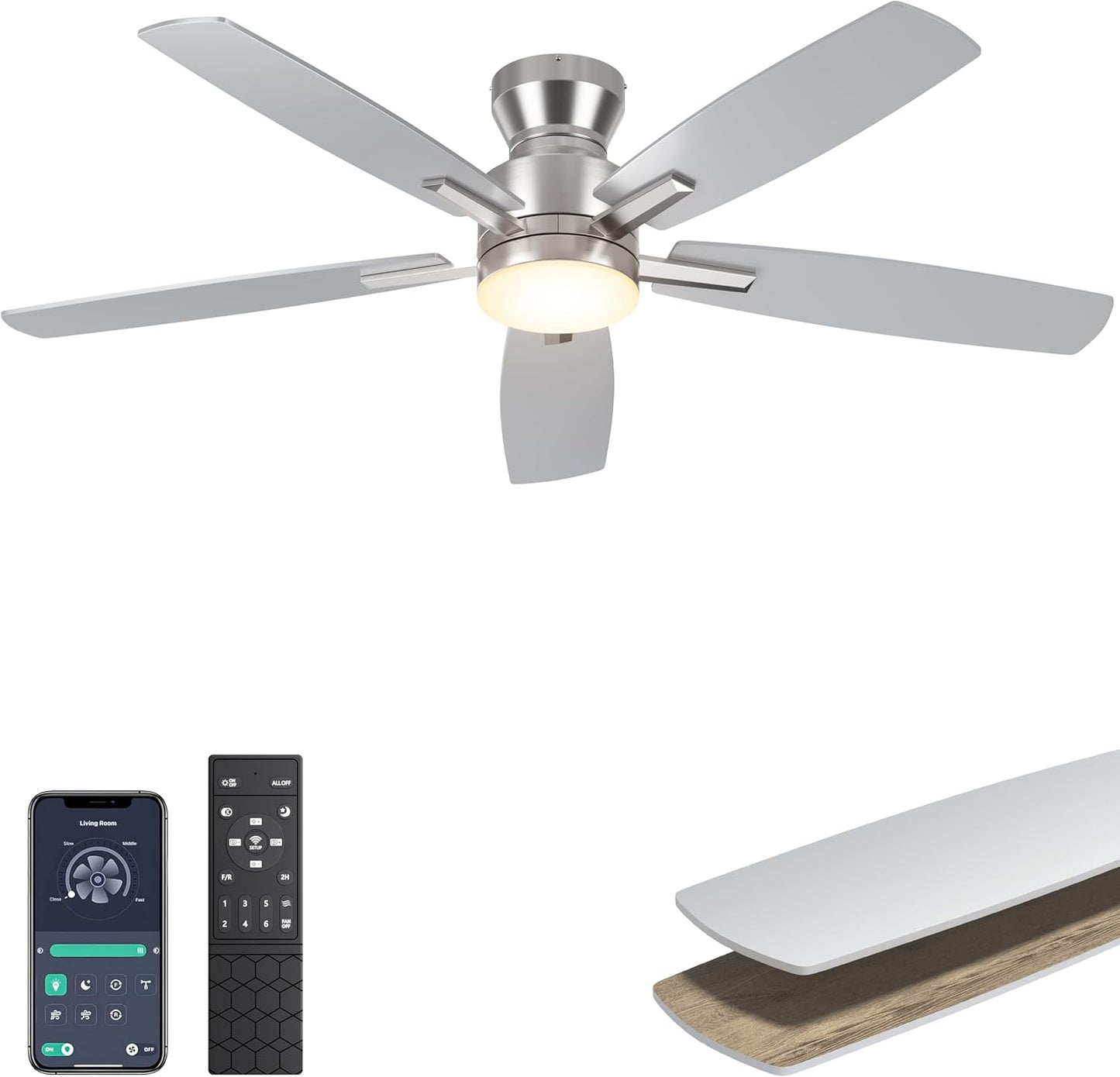 Ohniyou Ceiling Fans with Lights, 42'' Low Profile Ceiling Fan with Light and Remote/APP Control, Modern Flush Mount Ceiling Fan for Indoor Bedroom Kitchen, Dimmable, Qiuet DC Motor, Black