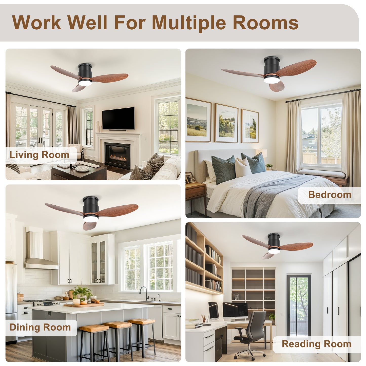 Ohniyou 42'' Flush Mount Ceiling Fans with Lights(Walnut Color)