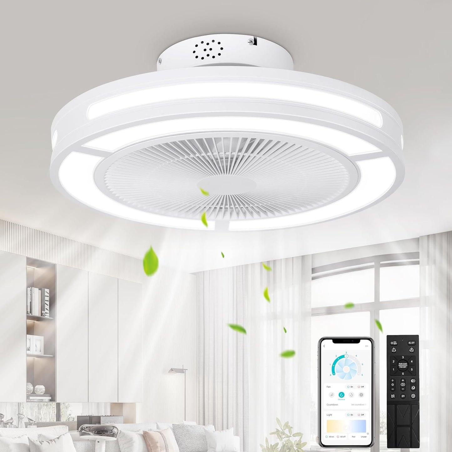 Ohniyou Low Profile Ceiling Fan with Light, 19'' Small Flush Mount Ceiling Fan,040S