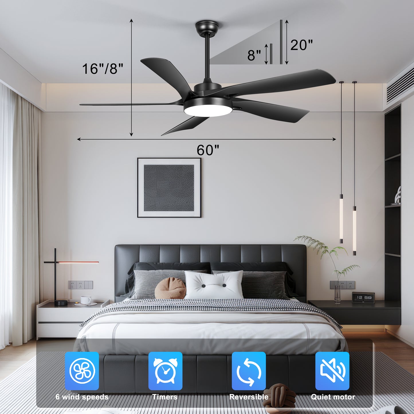 Ohniyou 60’’ Ceiling Fan with Lights and Remote - Black