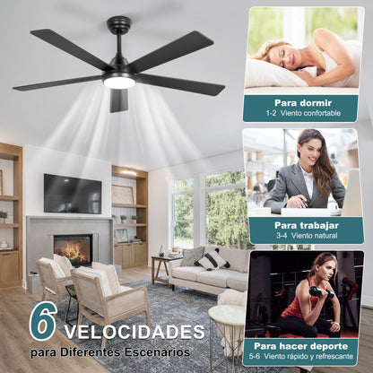 Ohniyou Ventilador de Techo con Luz de 52 Inch/132CM, 6 Velocidades，Negro-086B