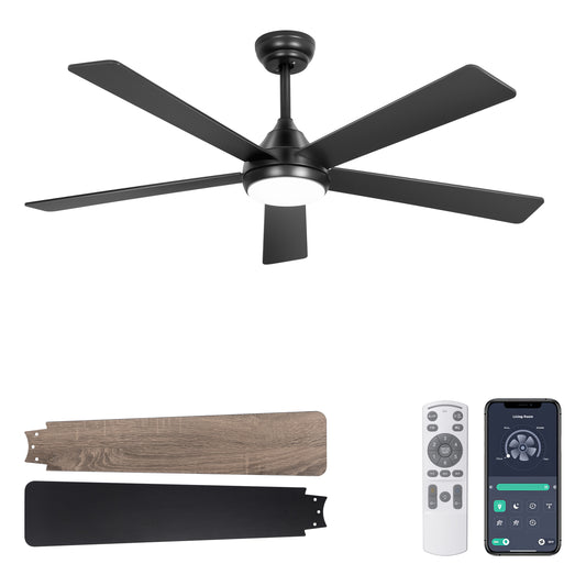 Ohniyou Ventilador de Techo con Luz de 52 Inch/132CM, 6 Velocidades，Negro-086B