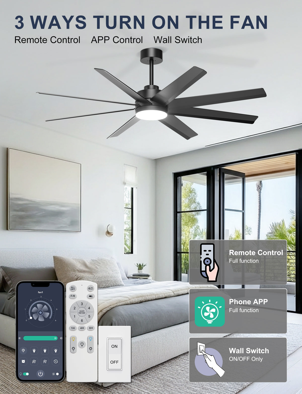 Ohniyou 60" Black Ceiling Fan with Light for Patio, Porch, Living Room-070