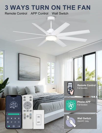 Ohniyou 60" White Ceiling Fan with Light for Patio, Porch, Living Room-070