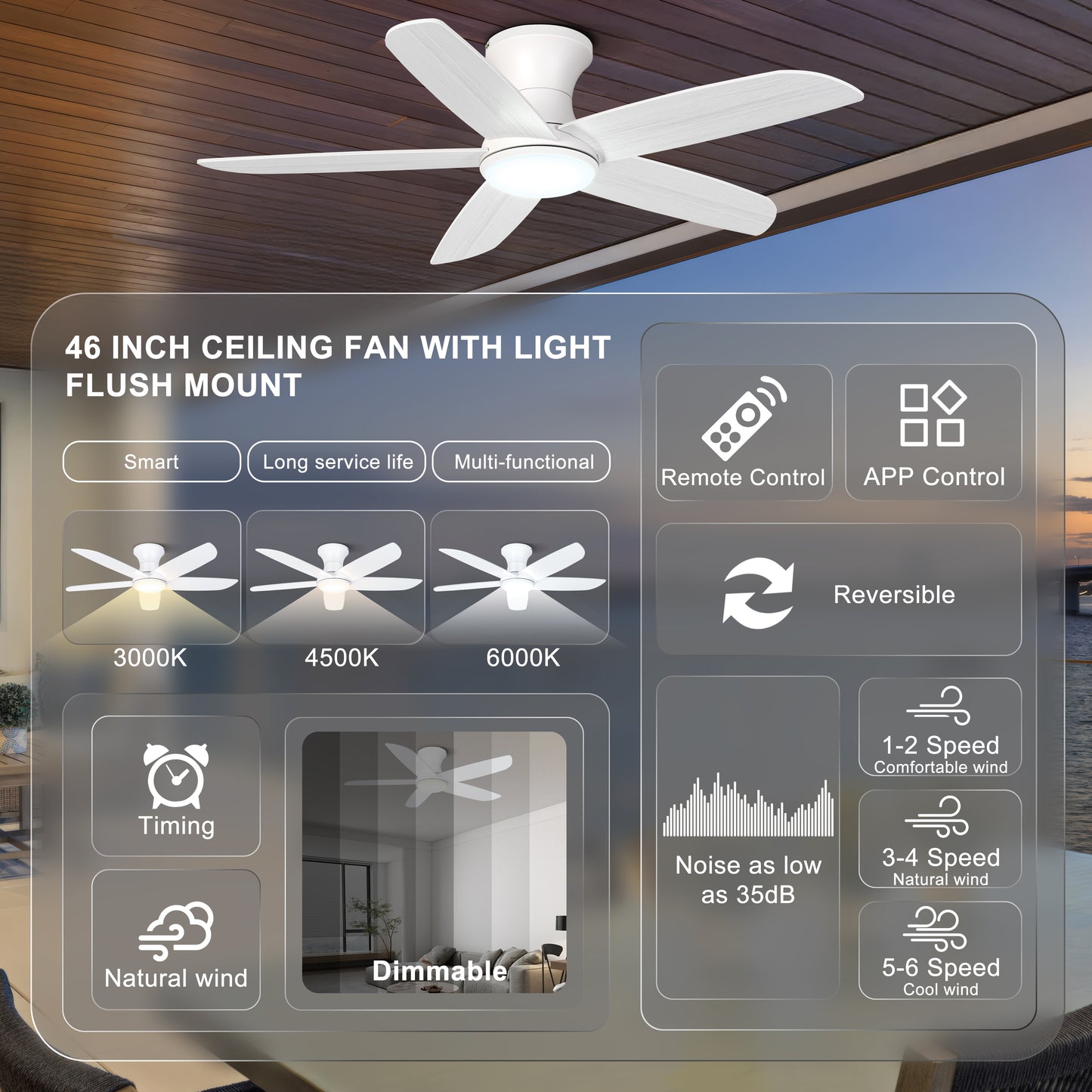 Ohniyou Ceiling Fan with Lights, 46" Flush Mount Ceiling Fans-099W