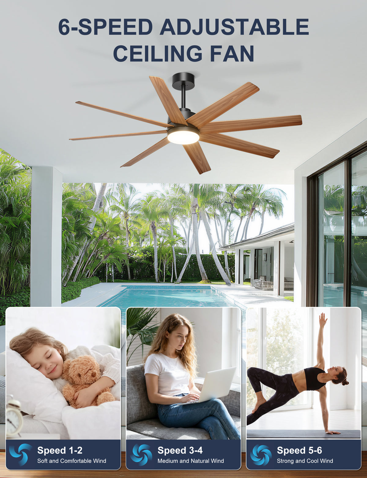Ohniyou 60" Modern Farmhouse Ceiling Fan with Light for Patio, Living Room-070