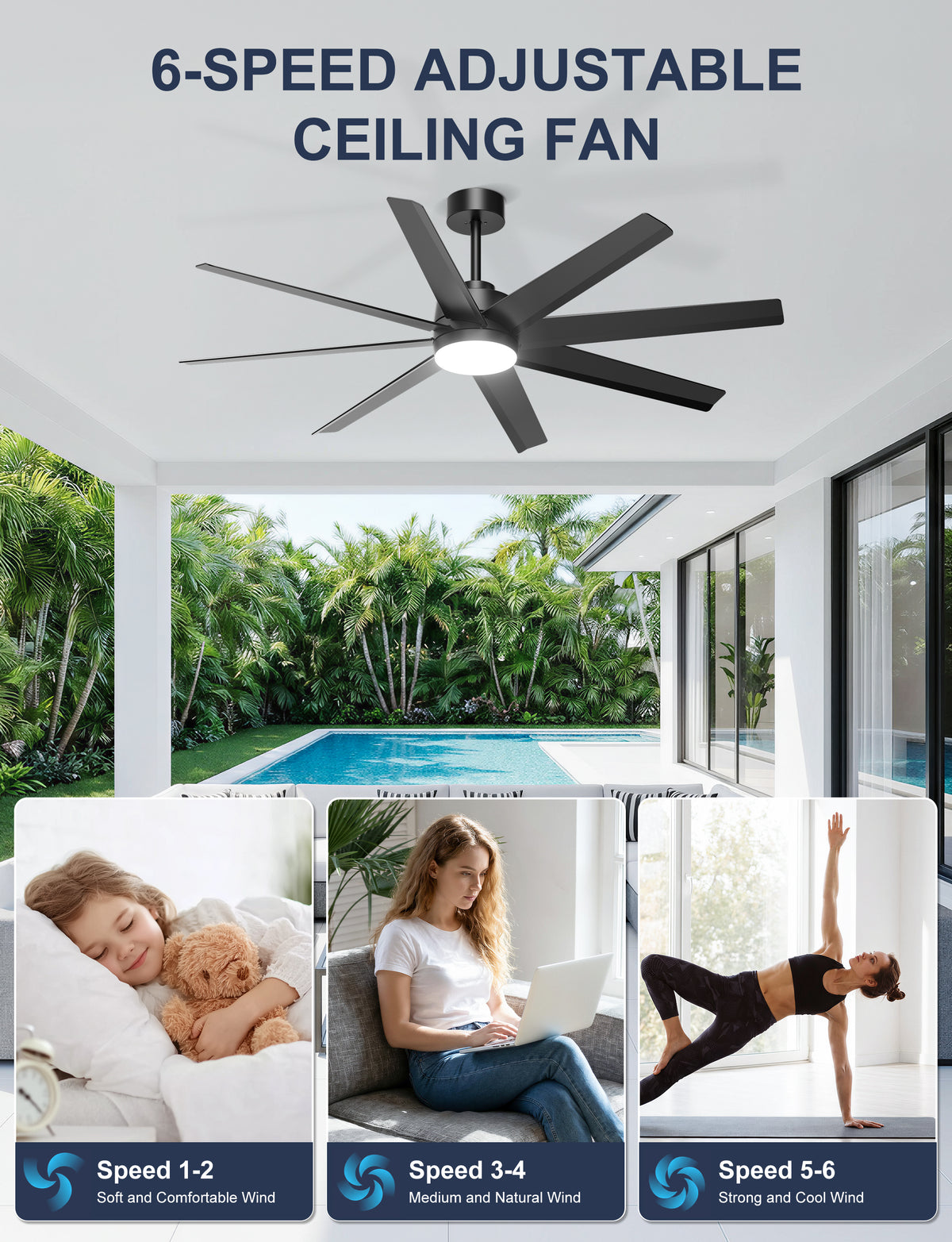Ohniyou 60" Black Ceiling Fan with Light for Patio, Porch, Living Room-070