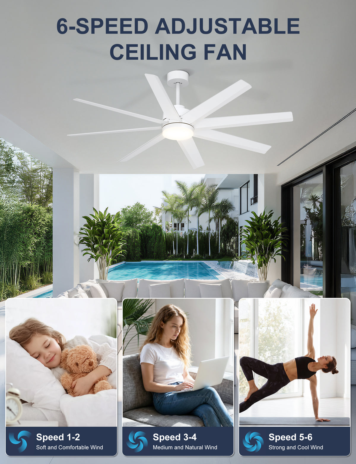 Ohniyou 60" White Ceiling Fan with Light for Patio, Porch, Living Room-070