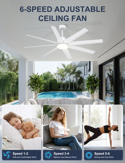 Ohniyou 60" White Ceiling Fan with Light for Patio, Porch, Living Room-070