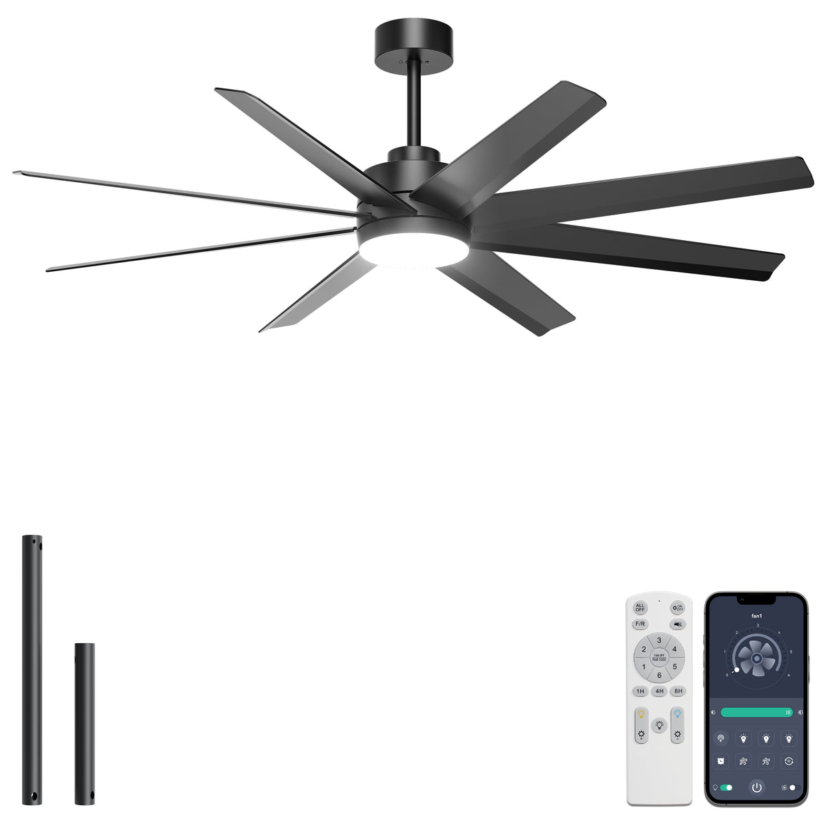 Ohniyou 60" Black Ceiling Fan with Light for Patio, Porch, Living Room-070