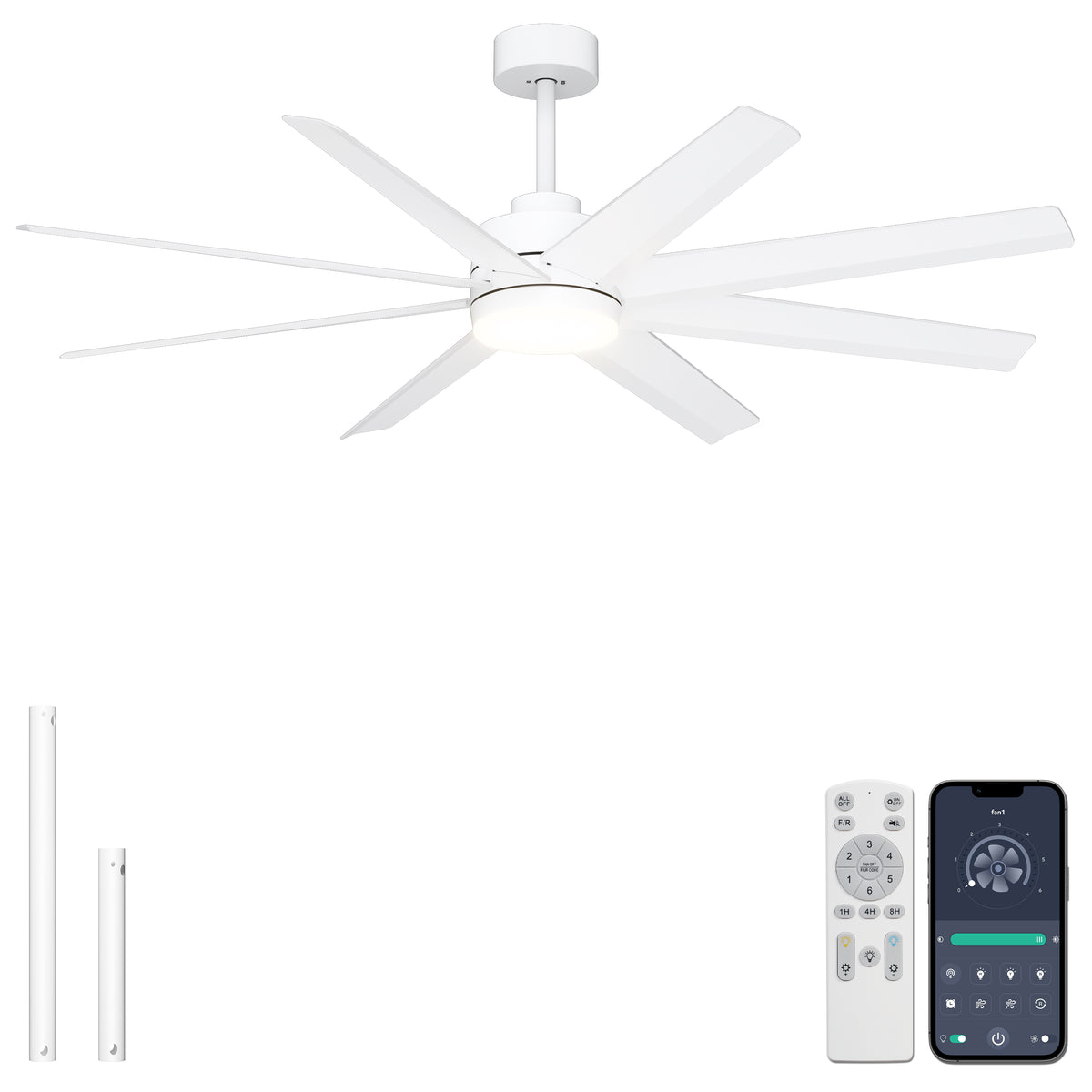 Ohniyou 60" White Ceiling Fan with Light for Patio, Porch, Living Room-070