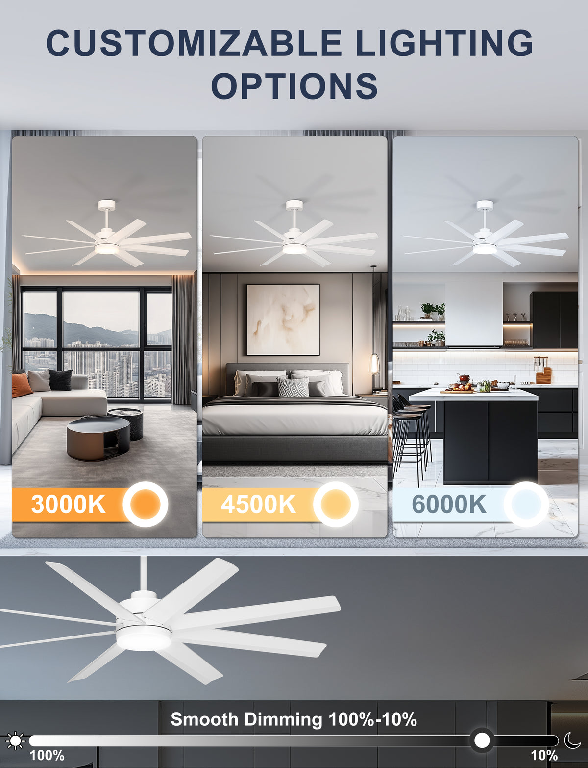 Ohniyou 60" White Ceiling Fan with Light for Patio, Porch, Living Room-070