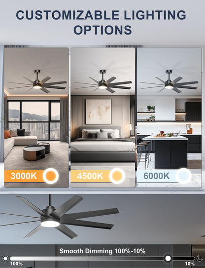 Ohniyou 60" Black Ceiling Fan with Light for Patio, Porch, Living Room-070