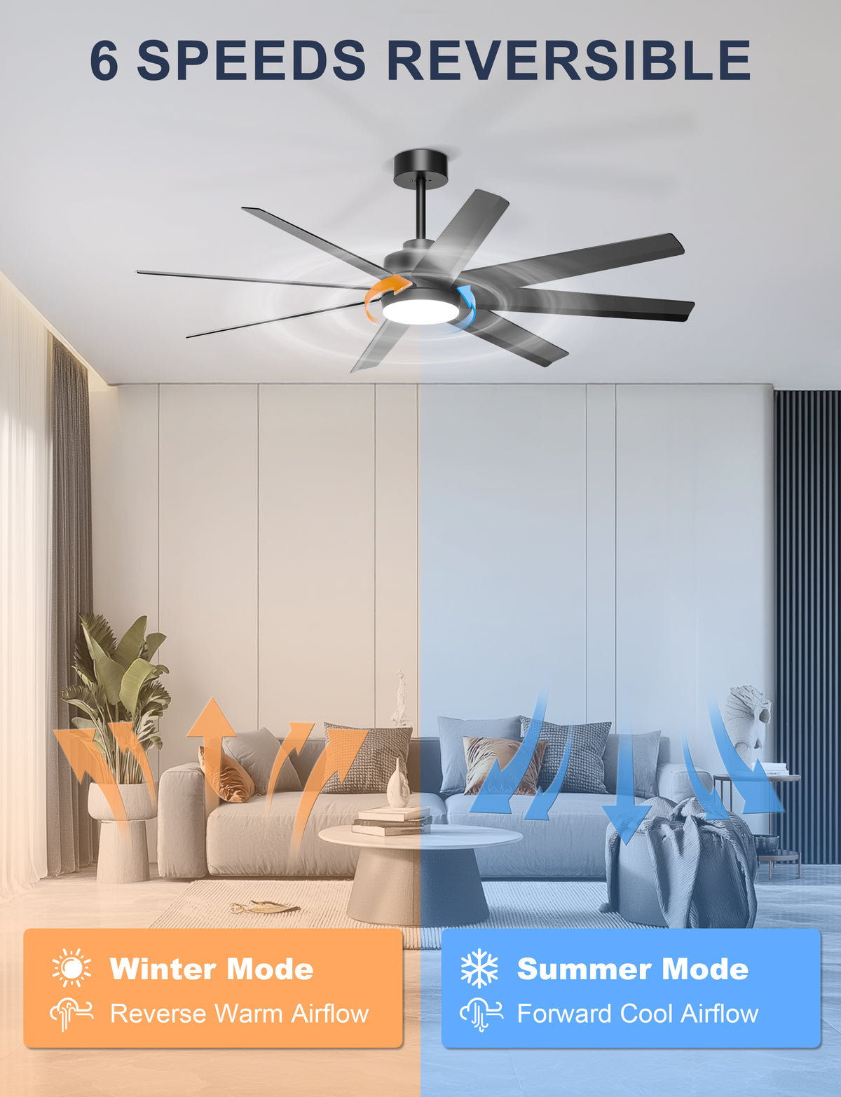 Ohniyou 60" Black Ceiling Fan with Light for Patio, Porch, Living Room-070