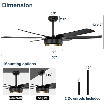 Ohniyou Ceiling Fans with Lights, 56'' Black Ceiling Fan Remote/APP 067-56