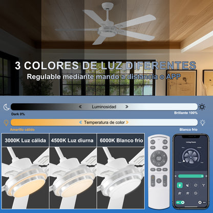 Ohniyou Ventilador de Techo de 52 Pulgadas Con Luz, 132CM, Blanco-085W