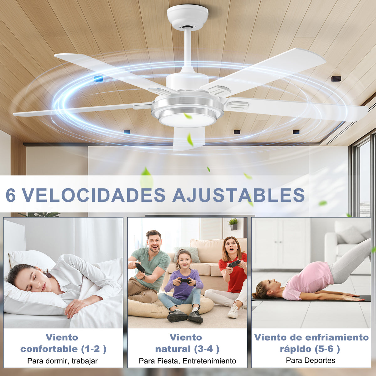 Ohniyou Ventilador de Techo de 52 Pulgadas Con Luz, 132CM, Blanco-085W
