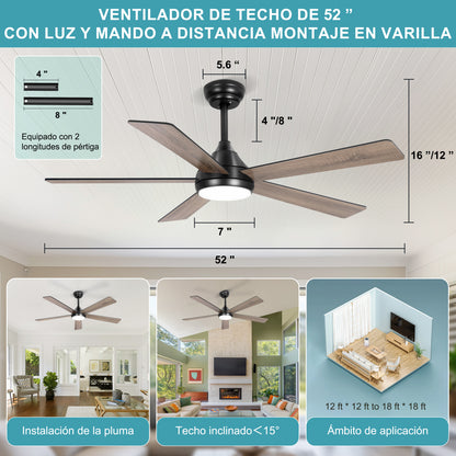 Ohniyou Ventilador de Techo con Luz de 52 Inch/132CM, 6 Velocidades，Negro-086B