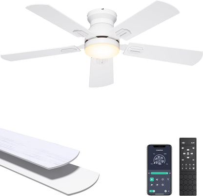 Ohniyou Ceiling Fans with Lights, 52 Inch Low Profile Ceiling Fan with Light and Remote/APP Control, Flush Mount, Dimmable, Qiuet DC Motor, Black Ceiling Fan for Bedroom, Living Room