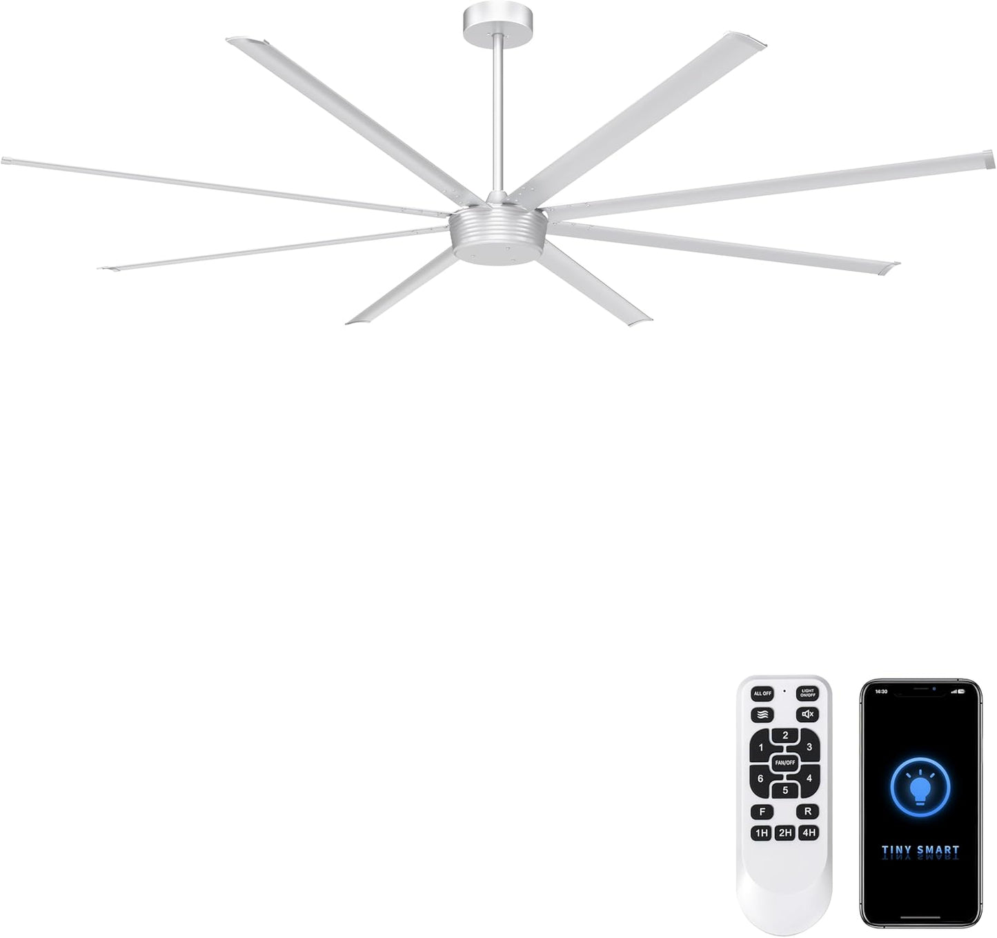 Ohniyou 96'' Industrial Ceiling Fan No Light - High CFM Large Metal Fan with 8 Aluminum Blades, Remote/APP Controlled, DC Motor, for Shop, Warehouse, Gym, Black