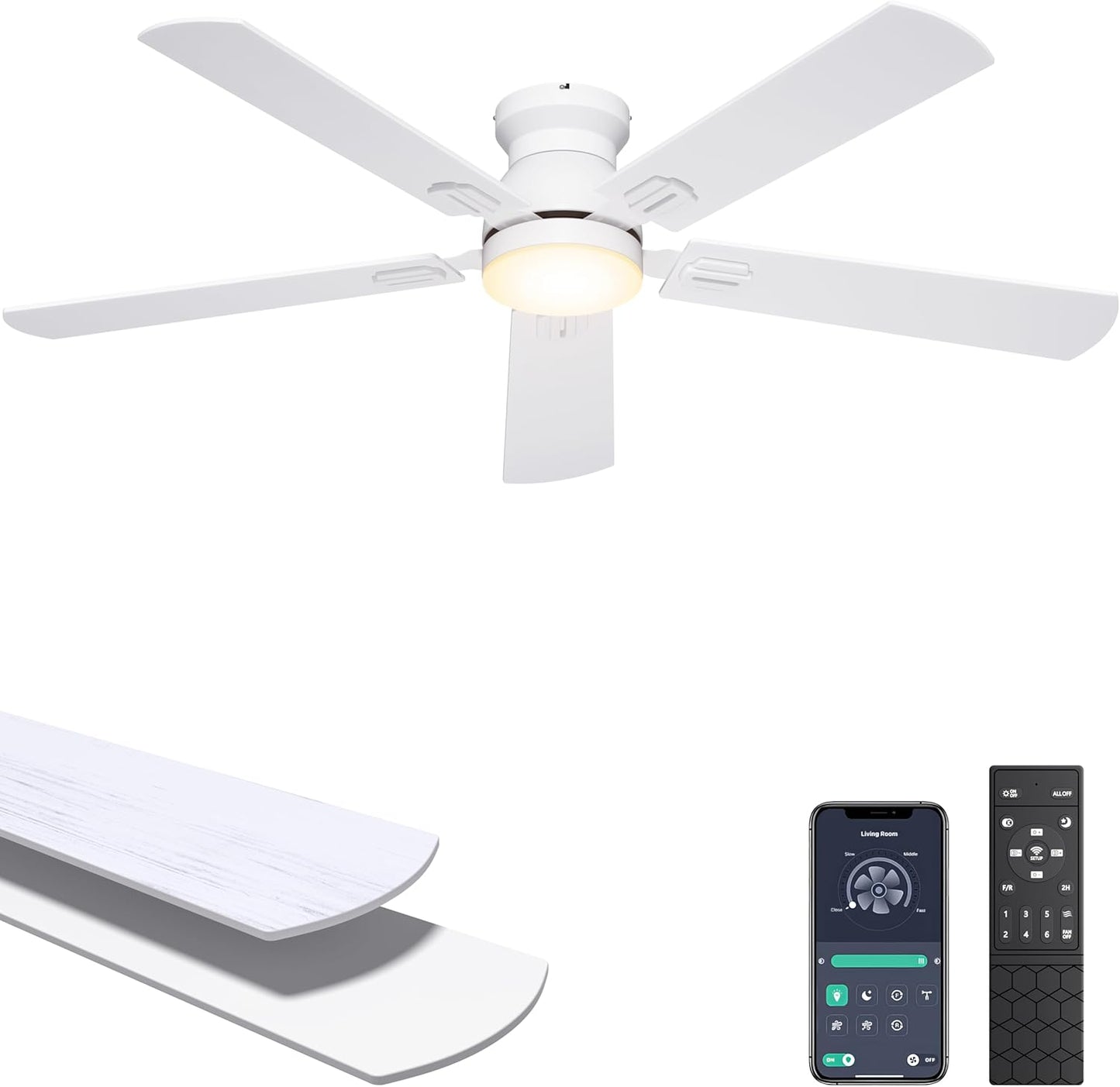 Ohniyou Ceiling Fans with Lights, 52 Inch Low Profile Ceiling Fan with Light and Remote/APP Control, Flush Mount, Dimmable, Qiuet DC Motor, Black Ceiling Fan for Bedroom, Living Room