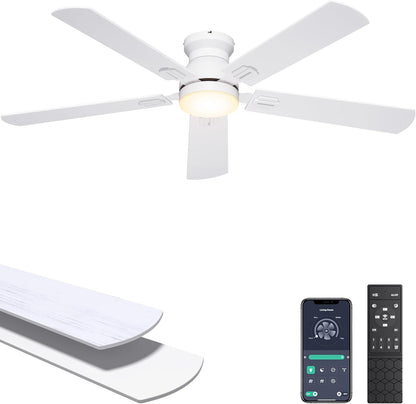 Ohniyou Ceiling Fans with Lights, 52 Inch Low Profile Ceiling Fan with Light and Remote/APP Control, Flush Mount, Dimmable, Qiuet DC Motor, Black Ceiling Fan for Bedroom, Living Room