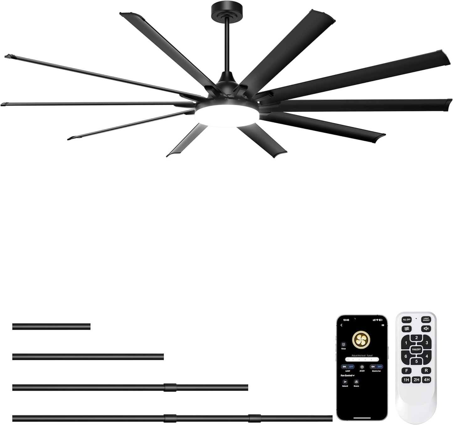 Ohniyou 96'' Industrial Ceiling Fan No Light - High CFM Large Metal Fan with 8 Aluminum Blades, Remote/APP Controlled, DC Motor, for Shop, Warehouse, Gym, Black