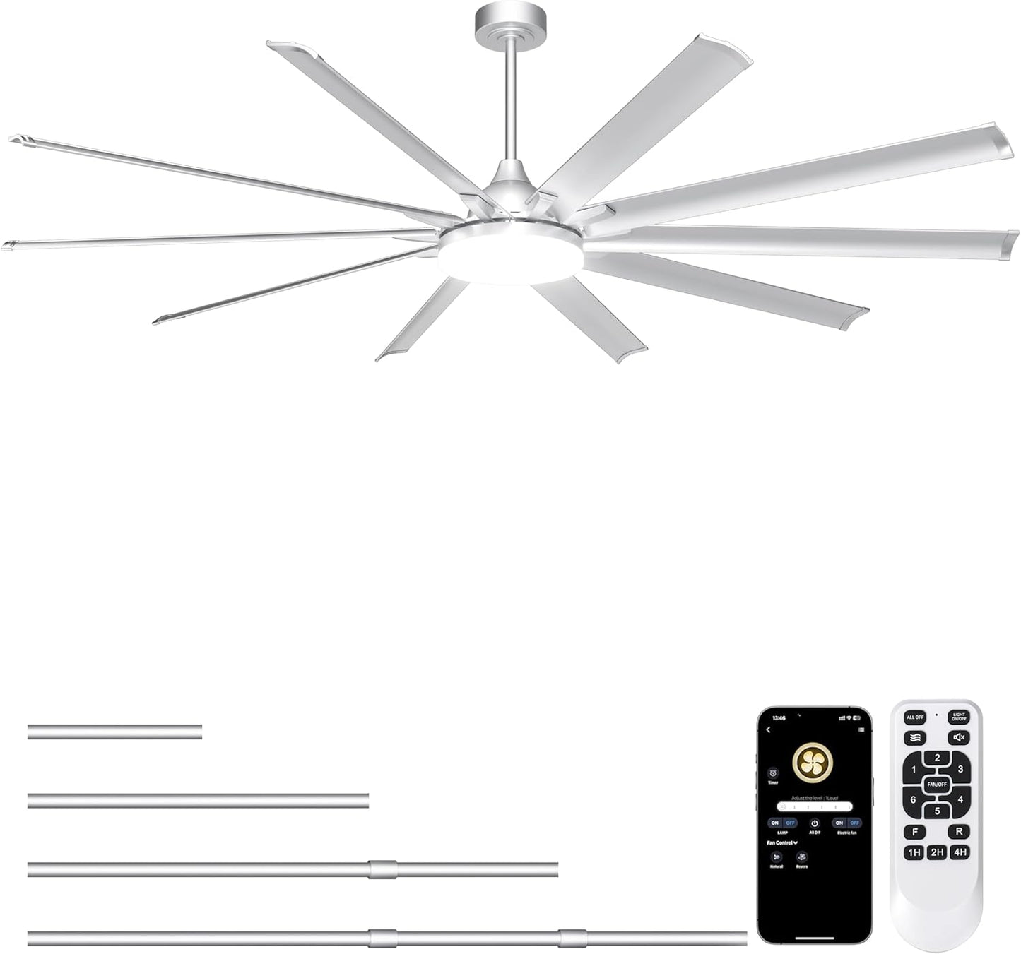 Ohniyou 96'' Industrial Ceiling Fan No Light - High CFM Large Metal Fan with 8 Aluminum Blades, Remote/APP Controlled, DC Motor, for Shop, Warehouse, Gym, Black