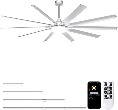 Ohniyou 96'' Industrial Ceiling Fan No Light - High CFM Large Metal Fan with 8 Aluminum Blades, Remote/APP Controlled, DC Motor, for Shop, Warehouse, Gym, Black