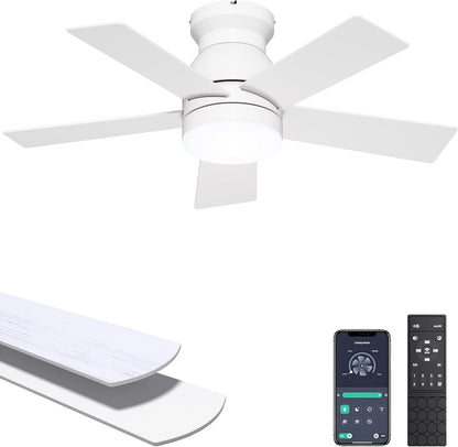 Ohniyou Ceiling Fans with Lights, 52 Inch Low Profile Ceiling Fan with Light and Remote/APP Control, Flush Mount, Dimmable, Qiuet DC Motor, Black Ceiling Fan for Bedroom, Living Room
