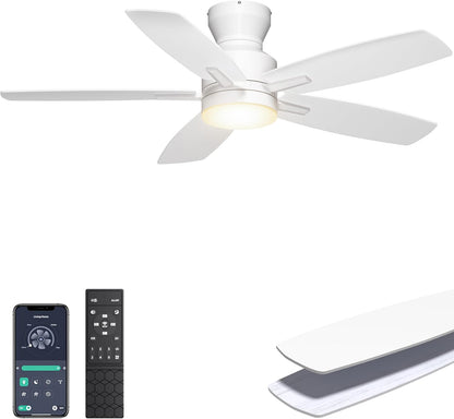 Ohniyou Ceiling Fans with Lights, 42'' Low Profile Ceiling Fan with Light and Remote/APP Control, Modern Flush Mount Ceiling Fan for Indoor Bedroom Kitchen, Dimmable, Qiuet DC Motor, Black