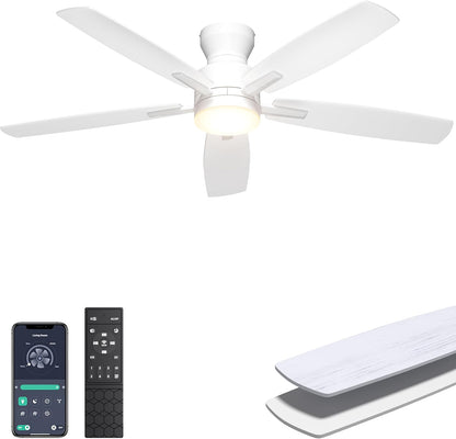 Ohniyou Ceiling Fans with Lights, 42'' Low Profile Ceiling Fan with Light and Remote/APP Control, Modern Flush Mount Ceiling Fan for Indoor Bedroom Kitchen, Dimmable, Qiuet DC Motor, Black