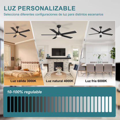 Ohniyou Ventilador de Techo con Luz de 52 Inch/132CM, 6 Velocidades，Negro-086B