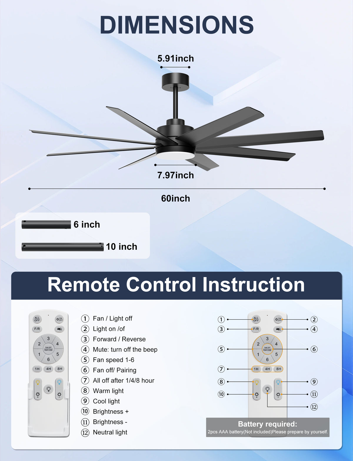 Ohniyou 60" Black Ceiling Fan with Light for Patio, Porch, Living Room-070