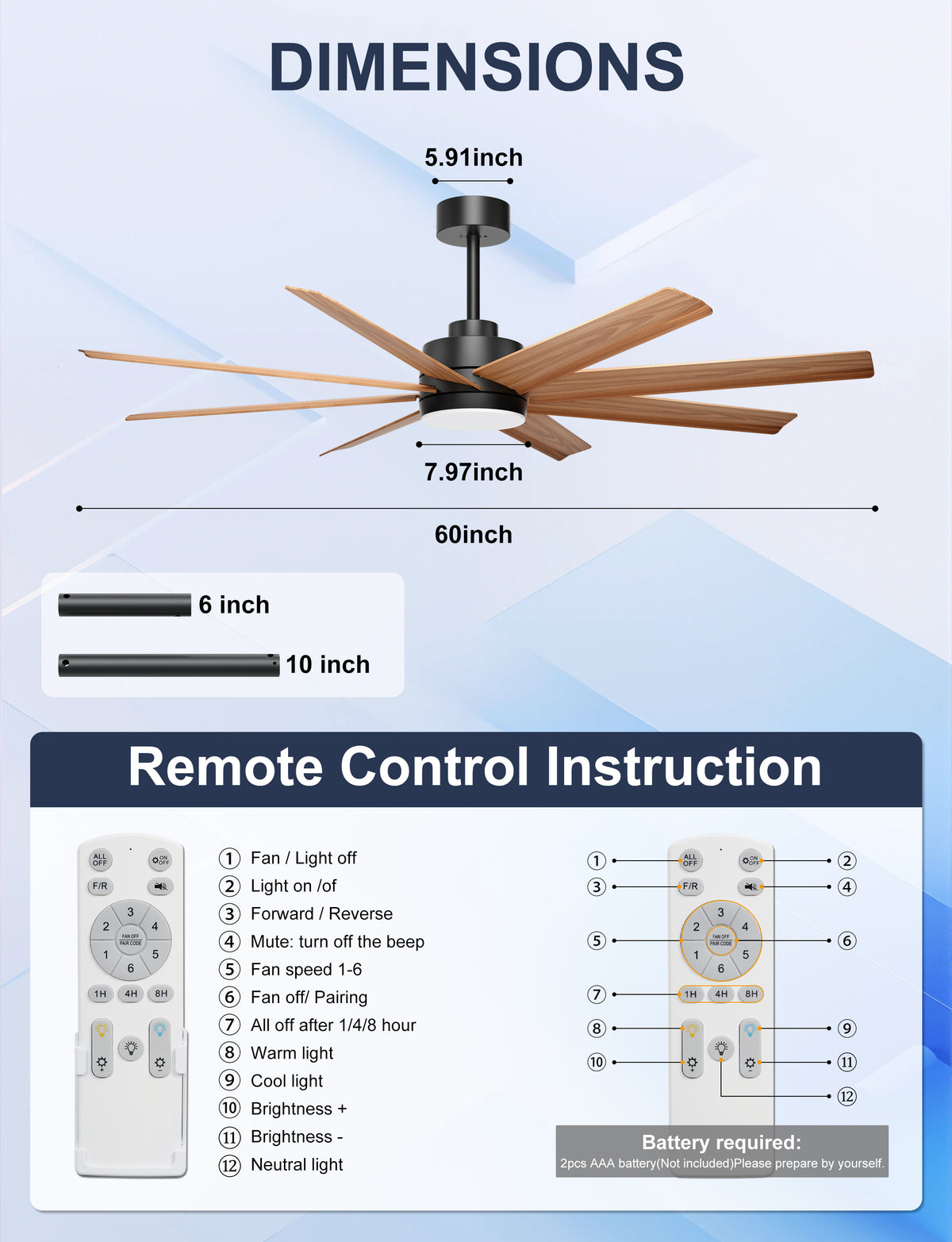 Ohniyou 60" Modern Farmhouse Ceiling Fan with Light for Patio, Living Room-070