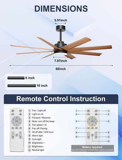 Ohniyou 60" Modern Farmhouse Ceiling Fan with Light for Patio, Living Room-070