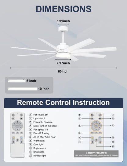 Ohniyou 60" White Ceiling Fan with Light for Patio, Porch, Living Room-070