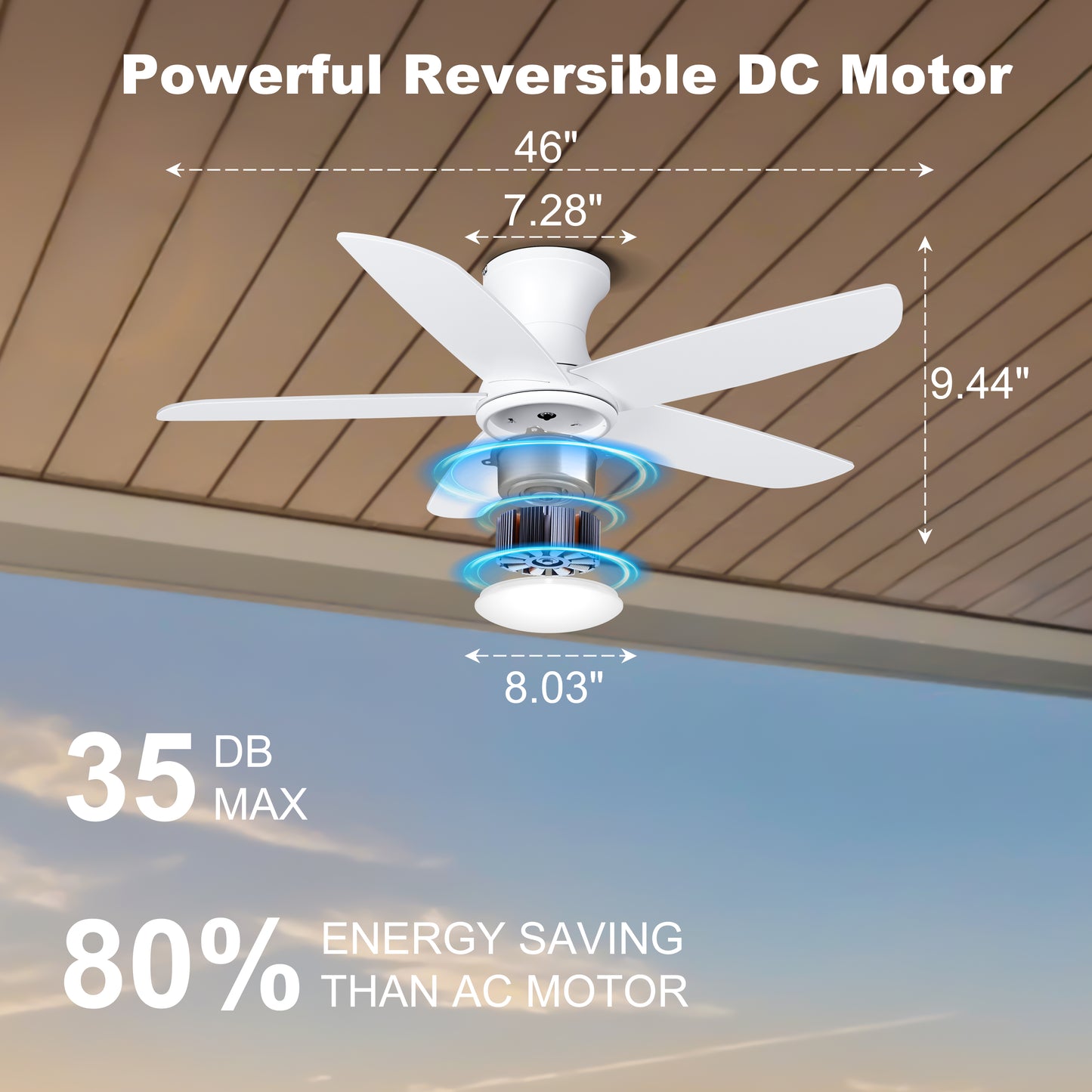 Ohniyou Ceiling Fan with Lights, 46" Flush Mount Ceiling Fans-099W