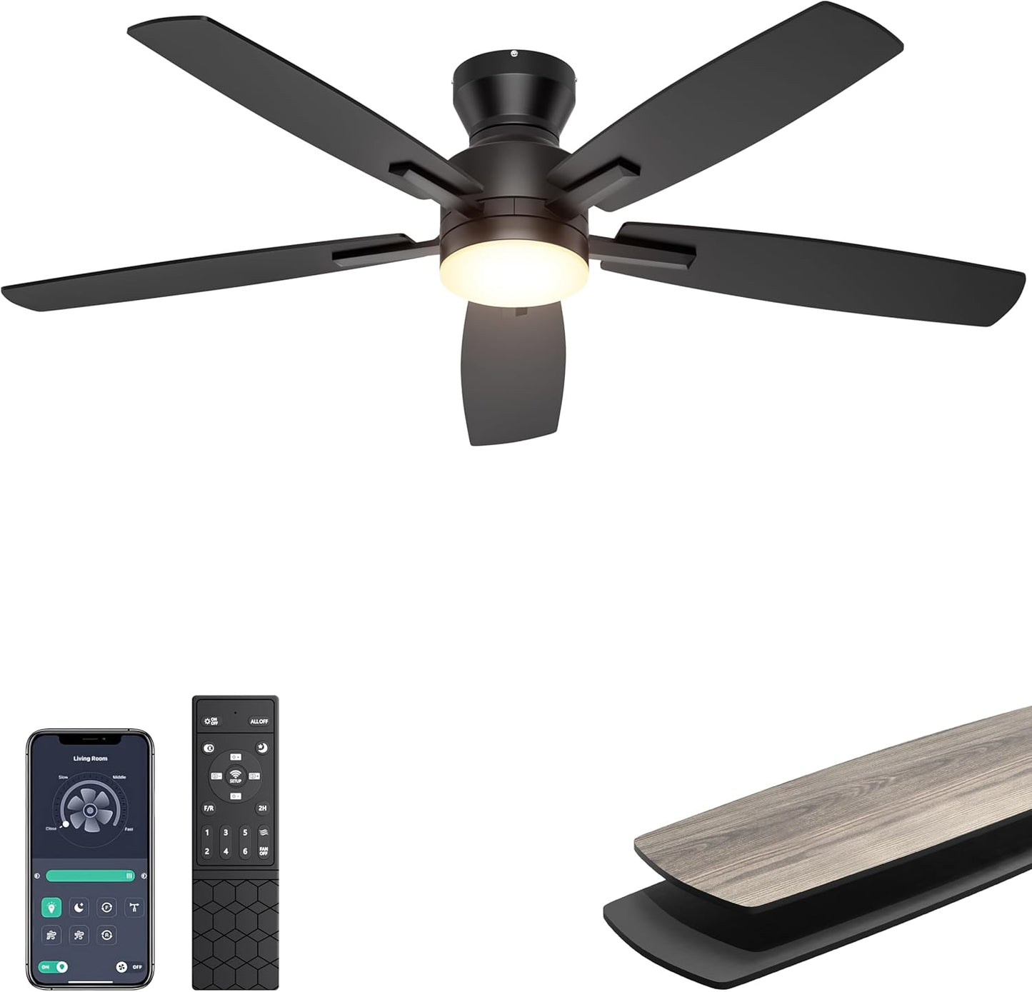 Ohniyou Ceiling Fans with Lights, 42'' Low Profile Ceiling Fan with Light and Remote/APP Control, Modern Flush Mount Ceiling Fan for Indoor Bedroom Kitchen, Dimmable, Qiuet DC Motor, Black