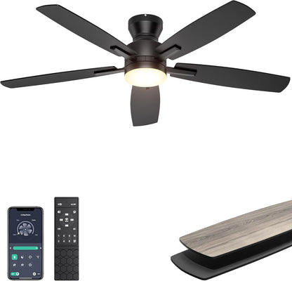 Ohniyou Ceiling Fans with Lights, 42'' Low Profile Ceiling Fan with Light and Remote/APP Control, Modern Flush Mount Ceiling Fan for Indoor Bedroom Kitchen, Dimmable, Qiuet DC Motor, Black