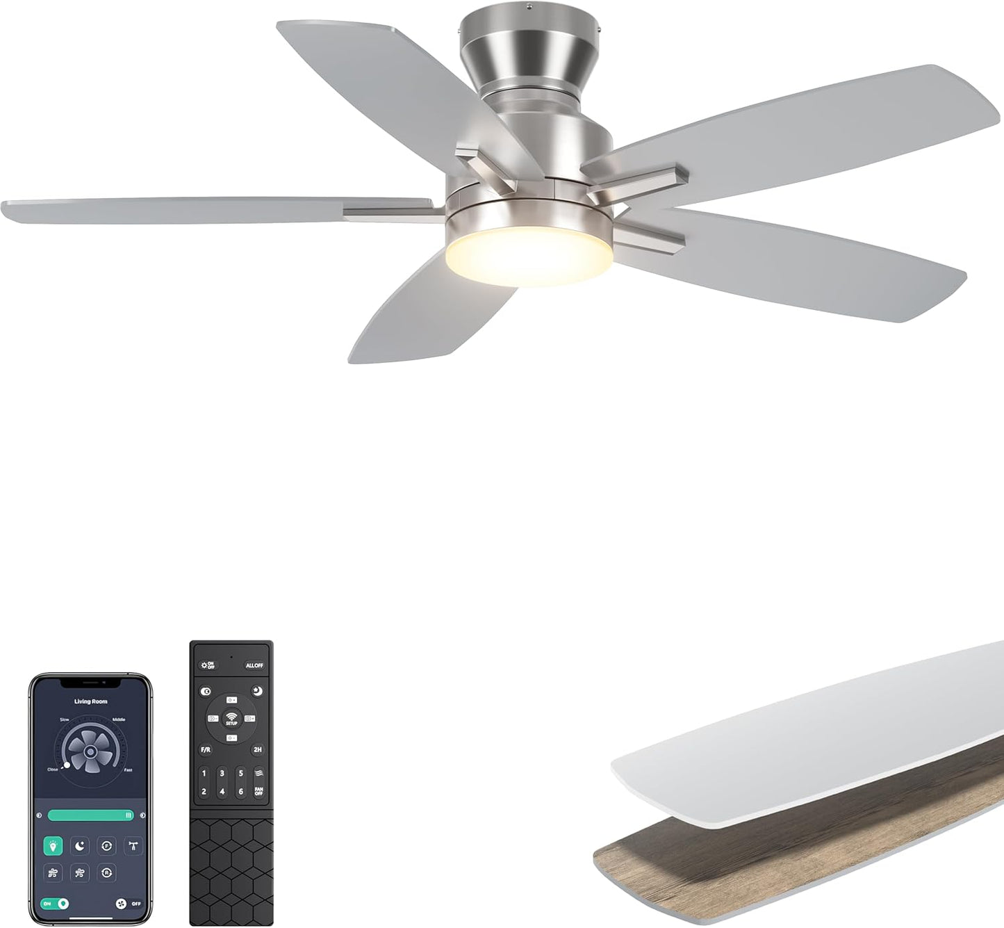 Ohniyou Ceiling Fans with Lights, 42'' Low Profile Ceiling Fan with Light and Remote/APP Control, Modern Flush Mount Ceiling Fan for Indoor Bedroom Kitchen, Dimmable, Qiuet DC Motor, Black