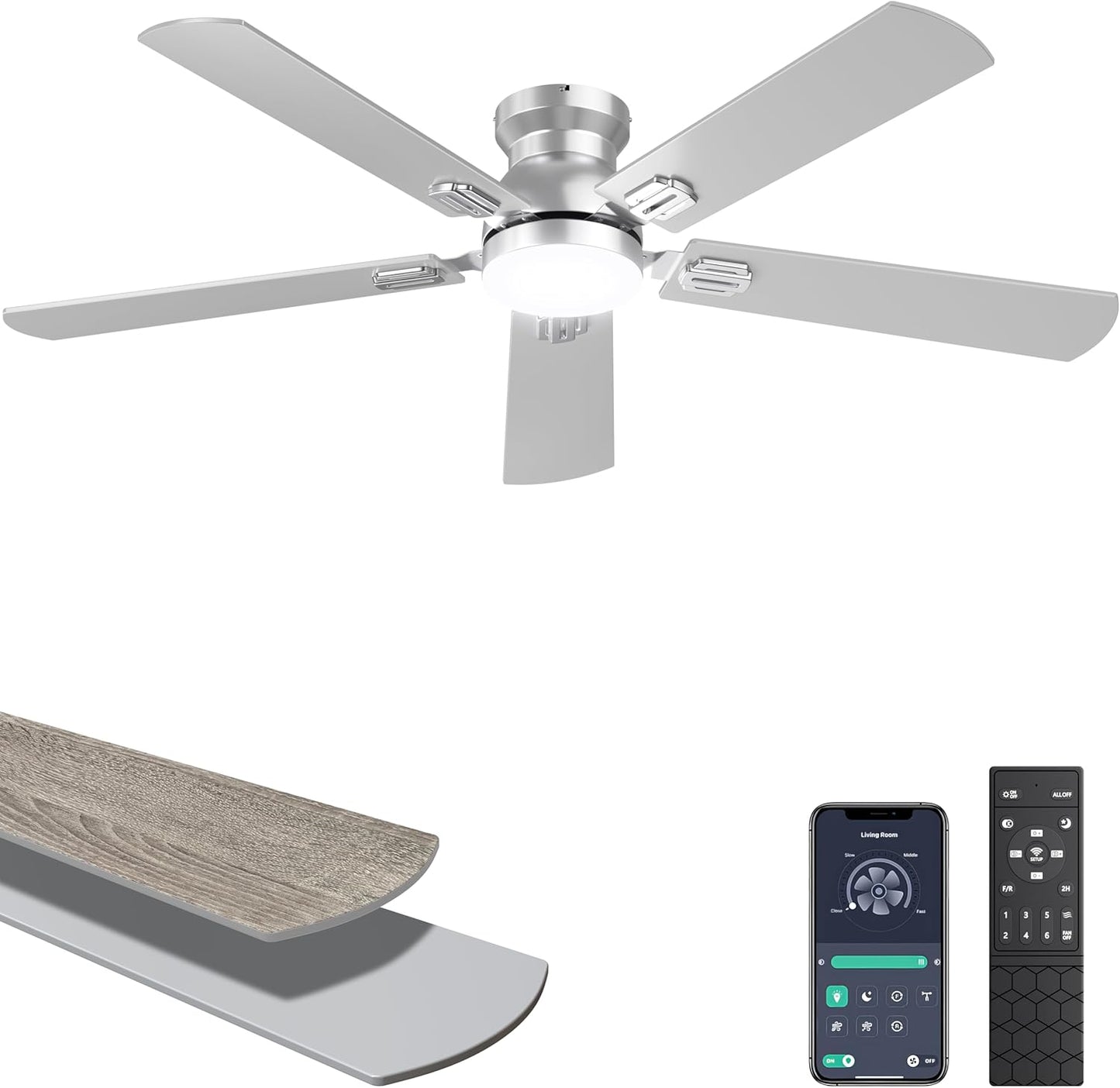 Ohniyou Ceiling Fans with Lights, 52 Inch Low Profile Ceiling Fan with Light and Remote/APP Control, Flush Mount, Dimmable, Qiuet DC Motor, Black Ceiling Fan for Bedroom, Living Room