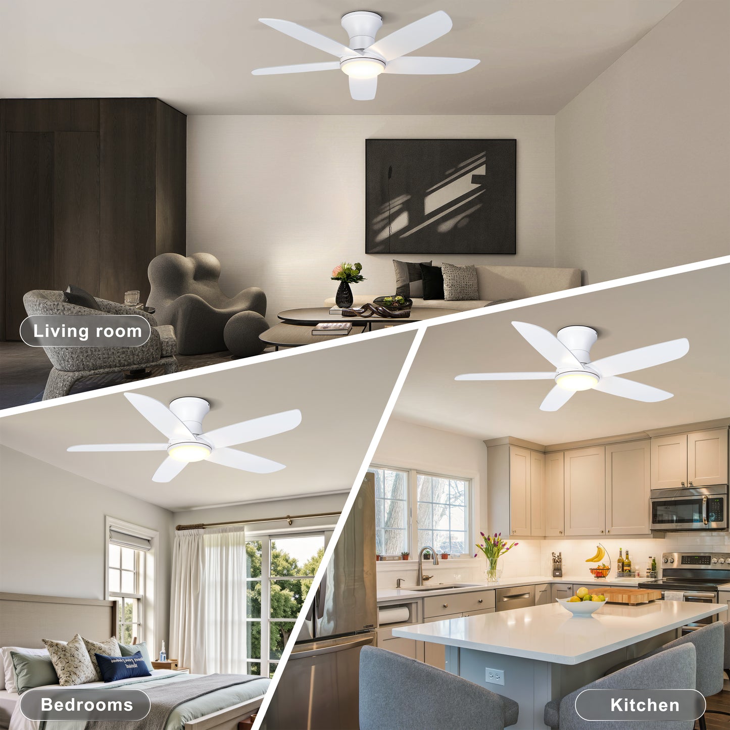 Ohniyou Ceiling Fan with Lights, 46" Flush Mount Ceiling Fans-099W