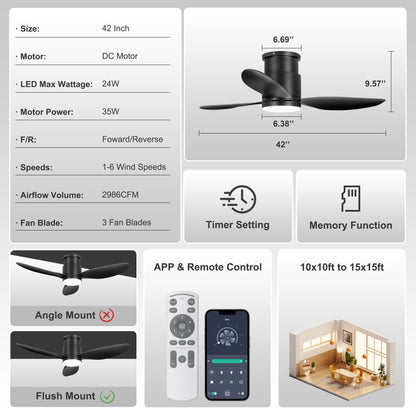 Ohniyou 42'' Flush Mount Ceiling Fans with Lights（Black）